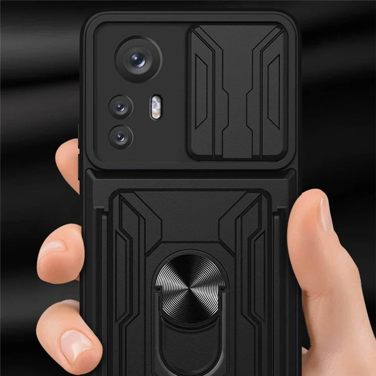 Kickstand Phone Case for Xiaomi 12 Pro 5G/12S Pro 5G/12 Pro (Dimensity) 5G, Detachable Card Holder PC + TPU Hybrid Cover with Slide Camera Protection - Black