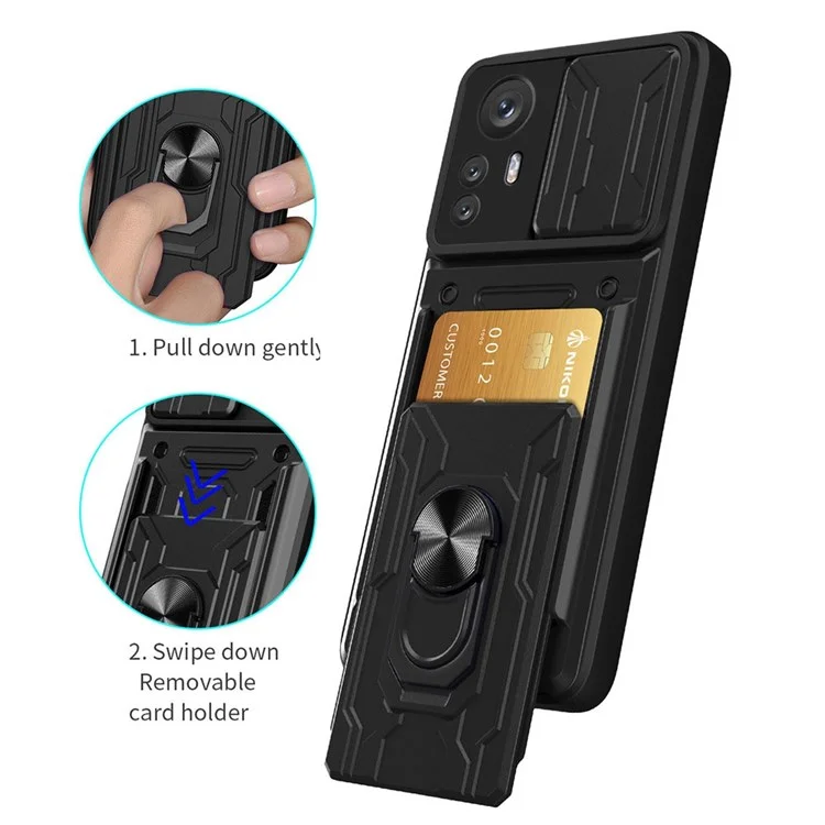 Kickstand Phone Case for Xiaomi 12 Pro 5G/12S Pro 5G/12 Pro (Dimensity) 5G, Detachable Card Holder PC + TPU Hybrid Cover with Slide Camera Protection - Black