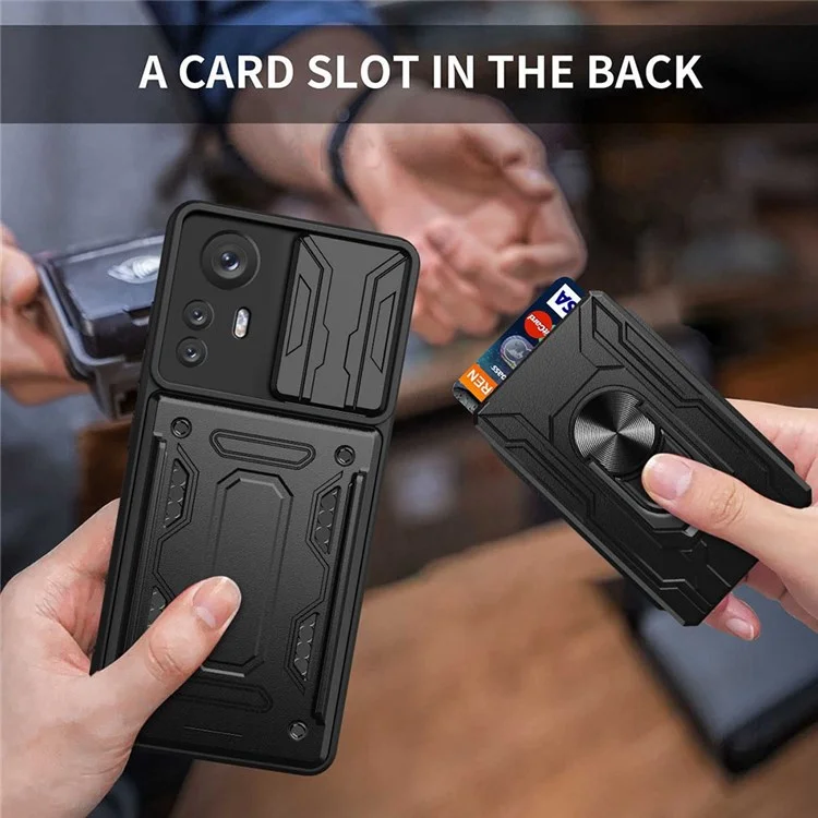 Kickstand Phone Case for Xiaomi 12 Pro 5G/12S Pro 5G/12 Pro (Dimensity) 5G, Detachable Card Holder PC + TPU Hybrid Cover with Slide Camera Protection - Black