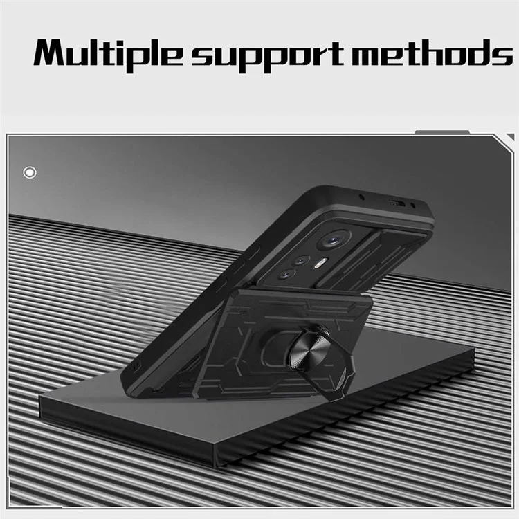 Kickstand Phone Case for Xiaomi 12 Pro 5G/12S Pro 5G/12 Pro (Dimensity) 5G, Detachable Card Holder PC + TPU Hybrid Cover with Slide Camera Protection - Black