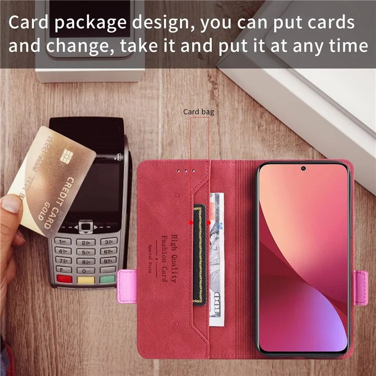 Für Xiaomi 12 5g/12x 5g/12s 5G Hardware Design Wallet Hülle PU Leder + TPU Full Protection Stand Telefonabdeckung - Rose