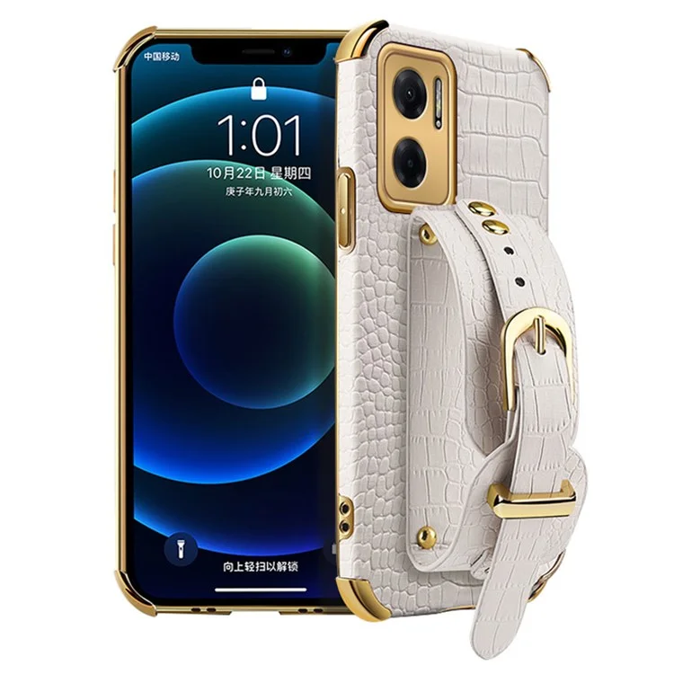 Electroplated Crocodile Texture Phone Case for Xiaomi Redmi Note 11E 5G / 10 5G / 10 Prime+ 5G Smooth-touch Anti-scratch Good Protection Cellphone Cover PU Leather Coated TPU Shell Wrist Strap Kickstand - White