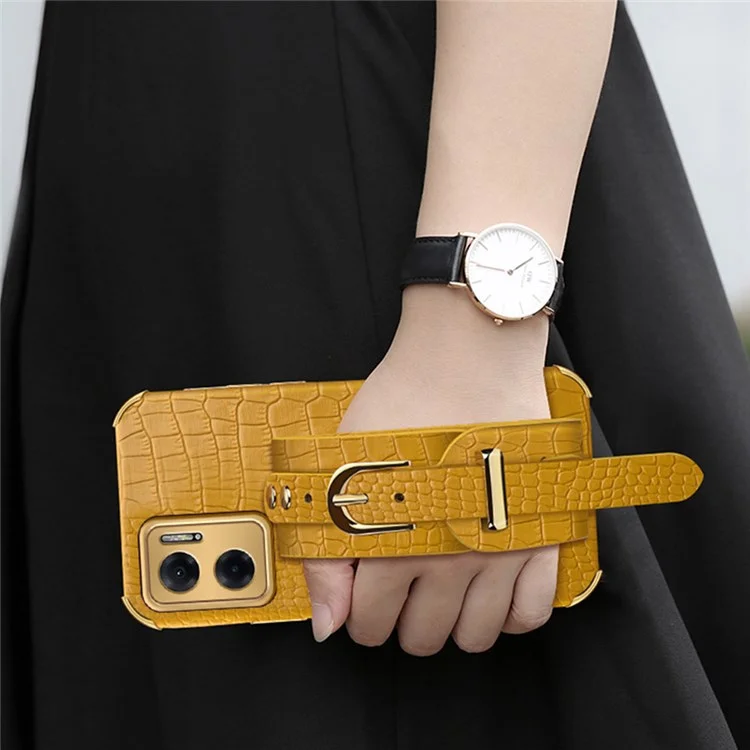 Electroplated Crocodile Texture Phone Case for Xiaomi Redmi Note 11E 5G / 10 5G / 10 Prime+ 5G Smooth-touch Anti-scratch Good Protection Cellphone Cover PU Leather Coated TPU Shell Wrist Strap Kickstand - White