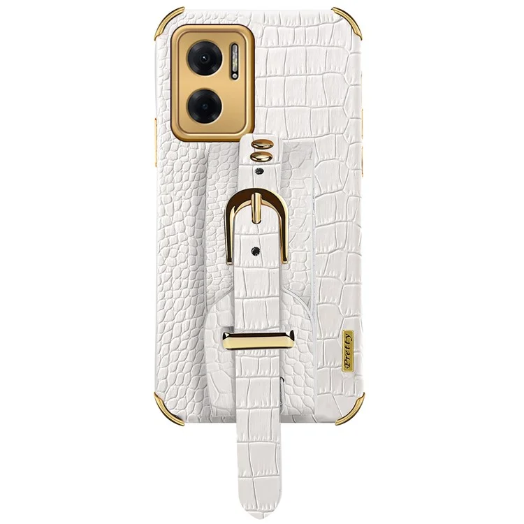 Electroplated Crocodile Texture Phone Case for Xiaomi Redmi Note 11E 5G / 10 5G / 10 Prime+ 5G Smooth-touch Anti-scratch Good Protection Cellphone Cover PU Leather Coated TPU Shell Wrist Strap Kickstand - White