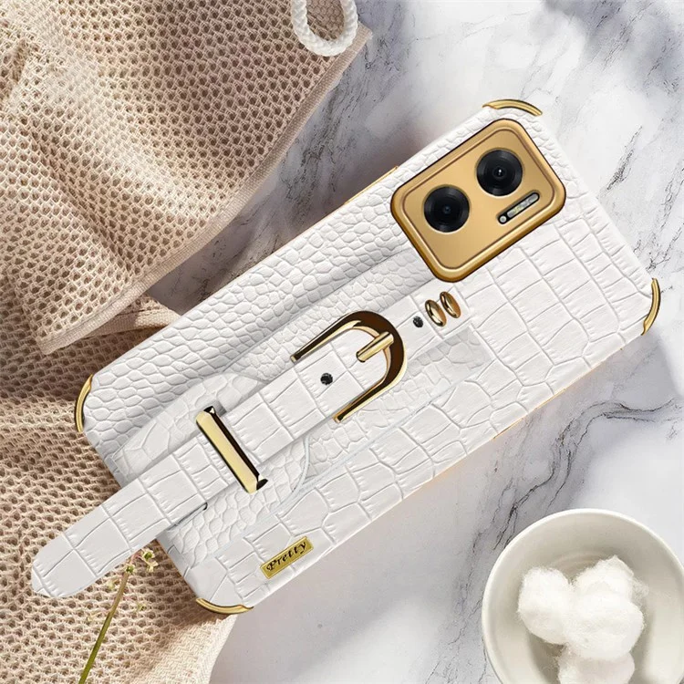 Electroplated Crocodile Texture Phone Case for Xiaomi Redmi Note 11E 5G / 10 5G / 10 Prime+ 5G Smooth-touch Anti-scratch Good Protection Cellphone Cover PU Leather Coated TPU Shell Wrist Strap Kickstand - White