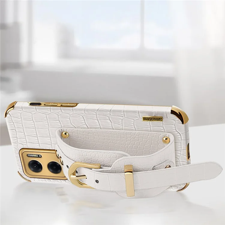 Electroplated Crocodile Texture Phone Case for Xiaomi Redmi Note 11E 5G / 10 5G / 10 Prime+ 5G Smooth-touch Anti-scratch Good Protection Cellphone Cover PU Leather Coated TPU Shell Wrist Strap Kickstand - White