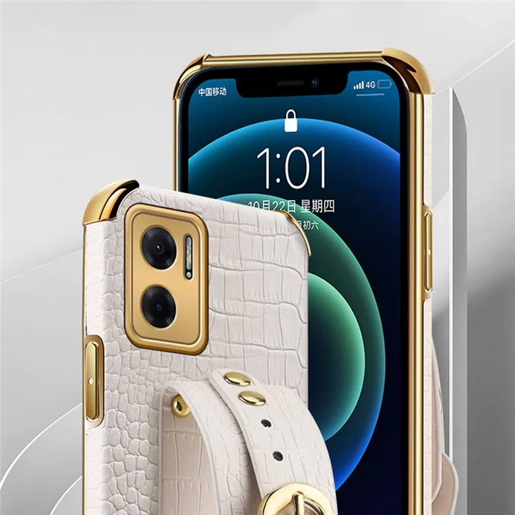 Electroplated Crocodile Texture Phone Case for Xiaomi Redmi Note 11E 5G / 10 5G / 10 Prime+ 5G Smooth-touch Anti-scratch Good Protection Cellphone Cover PU Leather Coated TPU Shell Wrist Strap Kickstand - White