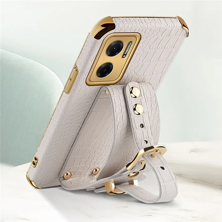 Electroplated Crocodile Texture Phone Case for Xiaomi Redmi Note 11E 5G / 10 5G / 10 Prime+ 5G Smooth-touch Anti-scratch Good Protection Cellphone Cover PU Leather Coated TPU Shell Wrist Strap Kickstand - White