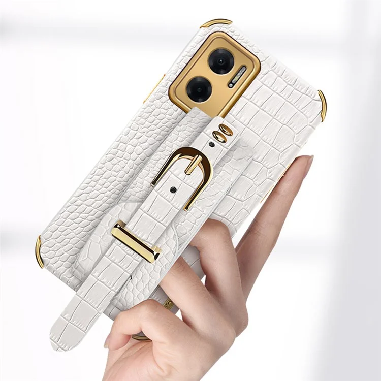 Electroplated Crocodile Texture Phone Case for Xiaomi Redmi Note 11E 5G / 10 5G / 10 Prime+ 5G Smooth-touch Anti-scratch Good Protection Cellphone Cover PU Leather Coated TPU Shell Wrist Strap Kickstand - White