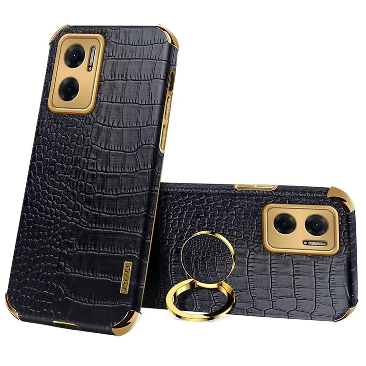 For Xiaomi Redmi Note 11E 5G  / 10 5G / 10 Prime+ 5G Phone Case with Finger Ring Holder Anti-drop Kickstand Cover Crocodile Texture Leather Coated TPU 6D Electroplated Shockproof Shell - Black