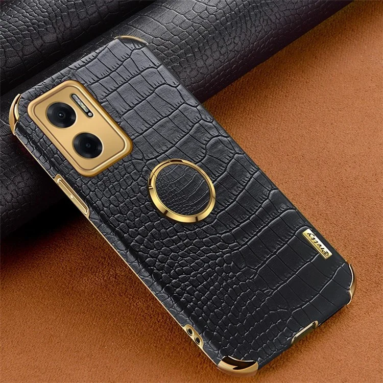 For Xiaomi Redmi Note 11E 5G  / 10 5G / 10 Prime+ 5G Phone Case with Finger Ring Holder Anti-drop Kickstand Cover Crocodile Texture Leather Coated TPU 6D Electroplated Shockproof Shell - Black