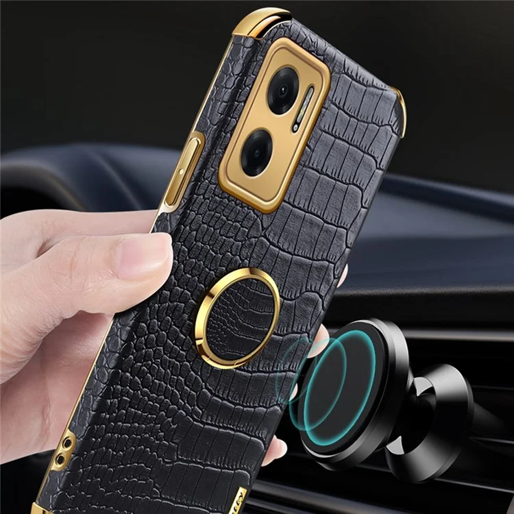 For Xiaomi Redmi Note 11E 5G  / 10 5G / 10 Prime+ 5G Phone Case with Finger Ring Holder Anti-drop Kickstand Cover Crocodile Texture Leather Coated TPU 6D Electroplated Shockproof Shell - Black