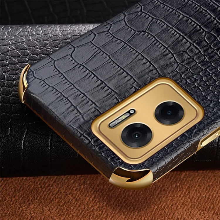 For Xiaomi Redmi Note 11E 5G  / 10 5G / 10 Prime+ 5G Phone Case with Finger Ring Holder Anti-drop Kickstand Cover Crocodile Texture Leather Coated TPU 6D Electroplated Shockproof Shell - Black