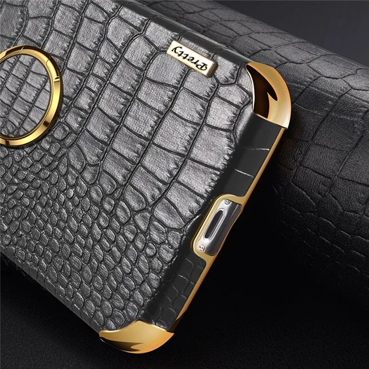 For Xiaomi Redmi Note 11E 5G  / 10 5G / 10 Prime+ 5G Phone Case with Finger Ring Holder Anti-drop Kickstand Cover Crocodile Texture Leather Coated TPU 6D Electroplated Shockproof Shell - Black