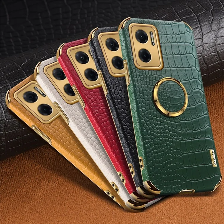 For Xiaomi Redmi Note 11E 5G  / 10 5G / 10 Prime+ 5G Phone Case with Finger Ring Holder Anti-drop Kickstand Cover Crocodile Texture Leather Coated TPU 6D Electroplated Shockproof Shell - Black
