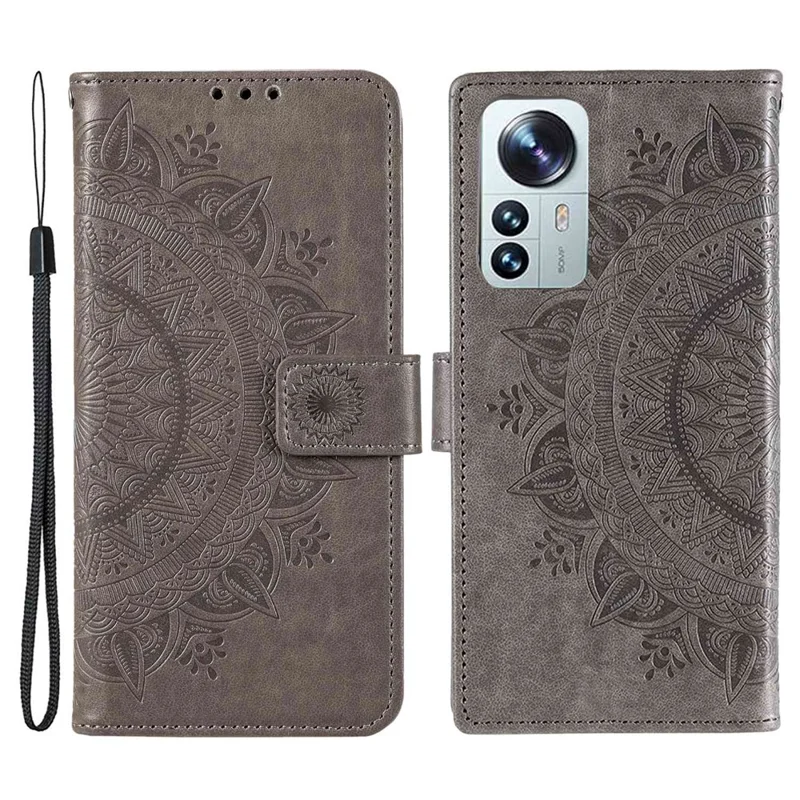 For Xiaomi 12 Lite Imprinted Mandala Flower Leather Case Wallet Phone Stand Cover with Wrist Strap - Grey