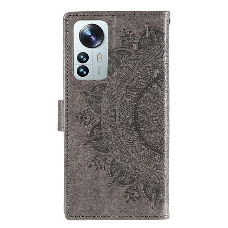 For Xiaomi 12 Lite Imprinted Mandala Flower Leather Case Wallet Phone Stand Cover with Wrist Strap - Grey