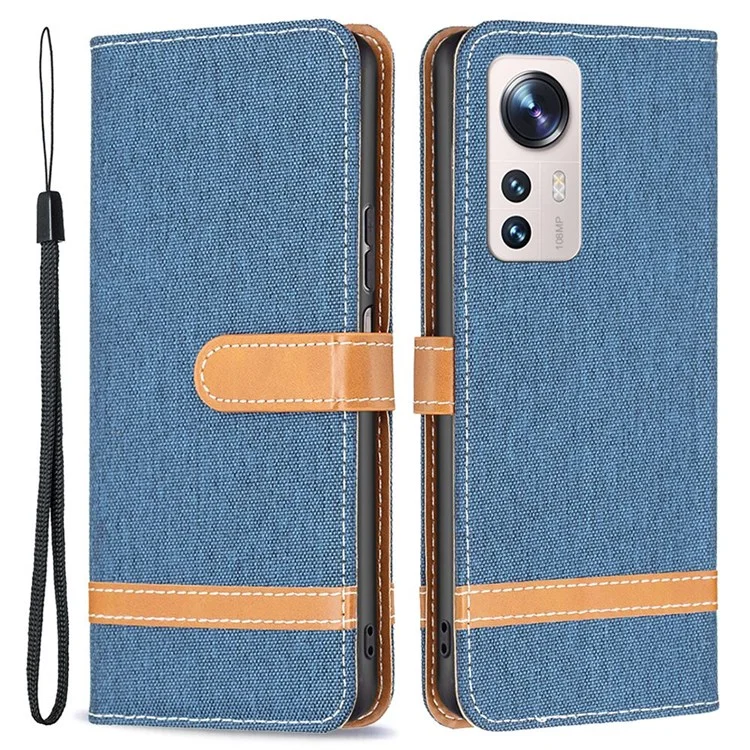 Para Xiaomi 12 Lite BF Leather Series-2 Splicing Leather Case Jeans Cloth Texture Anti-fall Flip Folio Phone Cover with Stand Wallet - Navy Blue