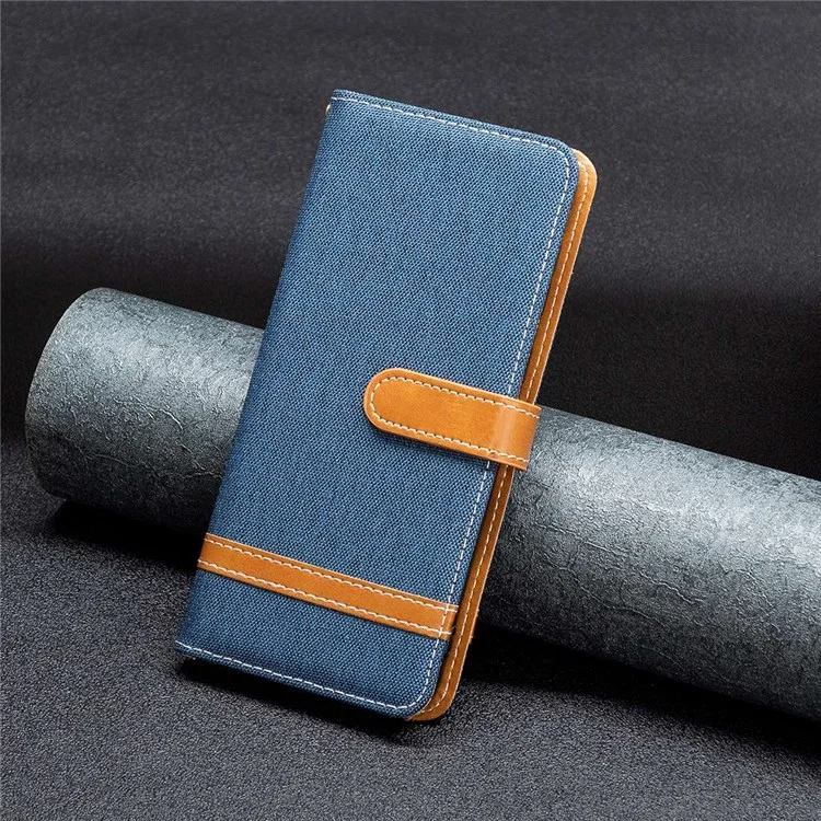 Para Xiaomi 12 Lite BF Leather Series-2 Splicing Leather Case Jeans Cloth Texture Anti-fall Flip Folio Phone Cover with Stand Wallet - Navy Blue