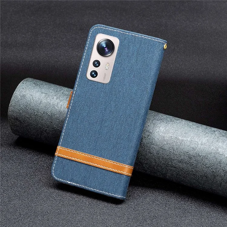 Para Xiaomi 12 Lite BF Leather Series-2 Splicing Leather Case Jeans Cloth Texture Anti-fall Flip Folio Phone Cover with Stand Wallet - Navy Blue
