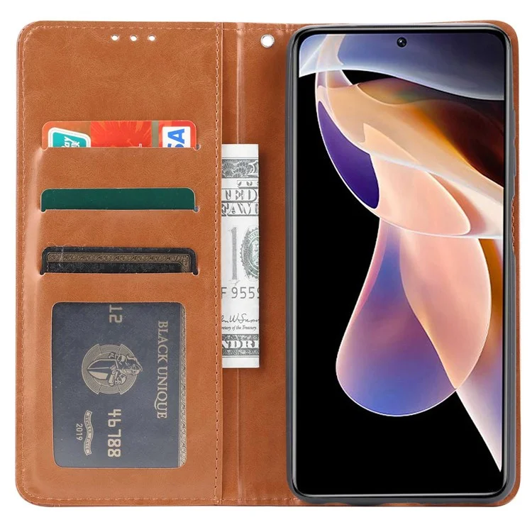 Para Xiaomi Redmi Note 11 Pro 5G (Qualcomm) / Note 11 Pro 4G (MediaTek) Ranura exterior de la tarjeta Funda de cartera de piel de imitación con soporte Cierre magnético automático Cubierta del teléfono - Marrón