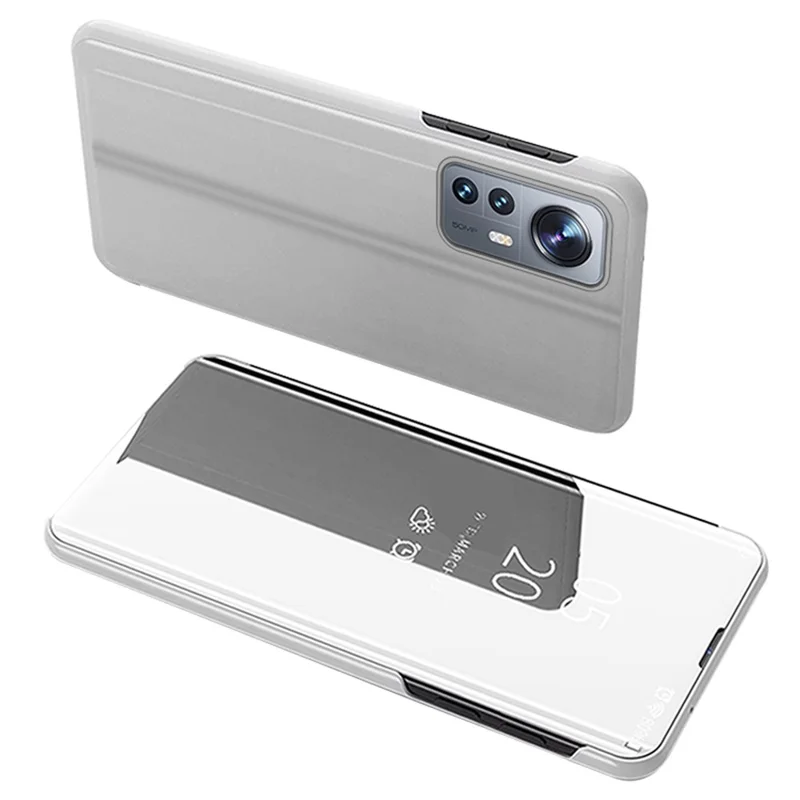 For Xiaomi 12 5G/12X 5G/12S 5G Mirror Design View Window Stand Protective Flip Cover Electroplate Plating PU Leather Shockproof Case - Silver