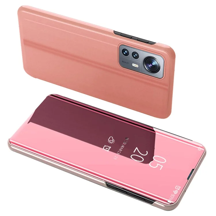 Pour Xiaomi 12 Pro 5G/12S Pro 5G/12 Pro (Dimensity) 5G Étui à rabat miroir intelligent Étui de protection pliable en cuir PU avec revêtement électrolytique - Or rose