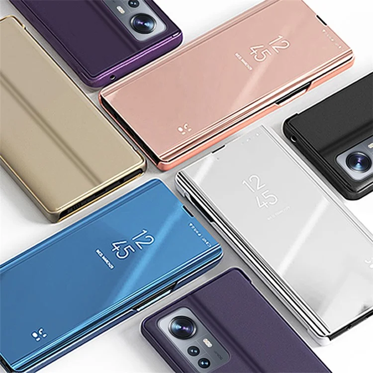 Pour Xiaomi 12 Pro 5G/12S Pro 5G/12 Pro (Dimensity) 5G Étui à rabat miroir intelligent Étui de protection pliable en cuir PU avec revêtement électrolytique - Or rose