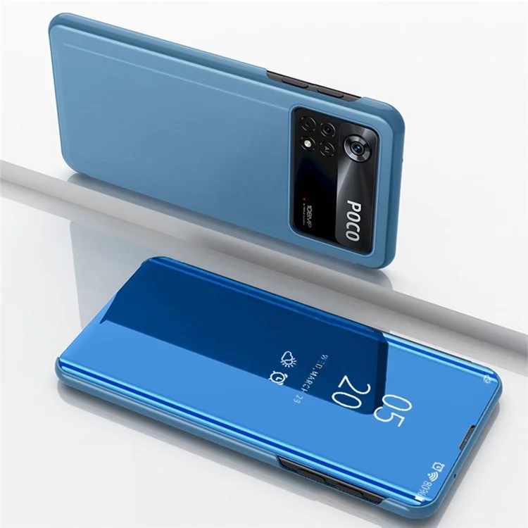 Per Xiaomi Poco X4 Pro 5G Specchio Superficie Elettroplaccatura Design PU Pelle+PC Visuale Chiara Finestra Custodia Telefonica con supporto - Cielo Blu