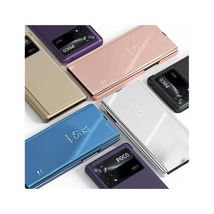 Per Xiaomi Poco X4 Pro 5G Specchio Superficie Elettroplaccatura Design PU Pelle+PC Visuale Chiara Finestra Custodia Telefonica con supporto - Cielo Blu