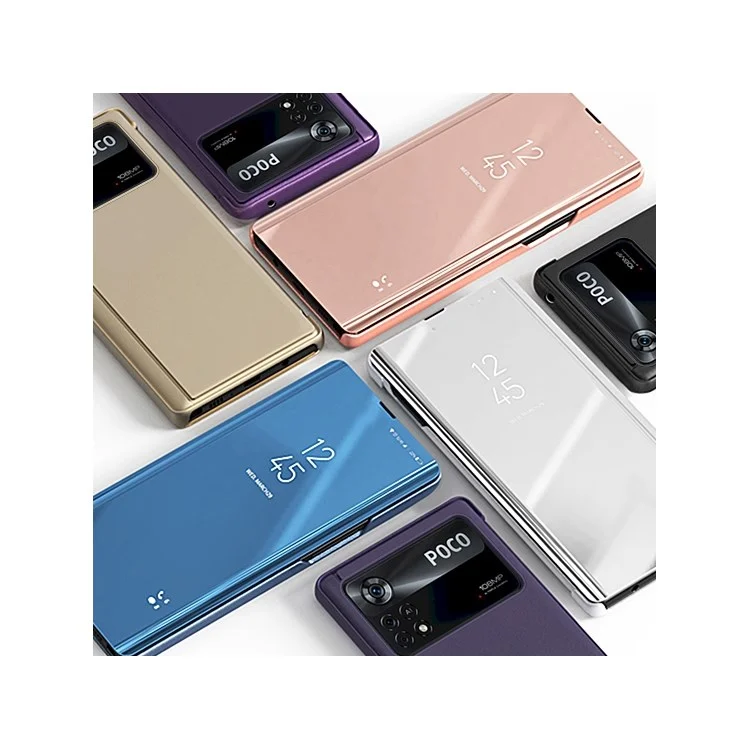 Para Xiaomi Poco M4 Pro 4G Mirror Design View Ventana de la Ventana Case de Pantalla PU Cuero de Cuero Soporte de Revestimiento Anti-caza de Protección Contra Caída - Cielo Azul