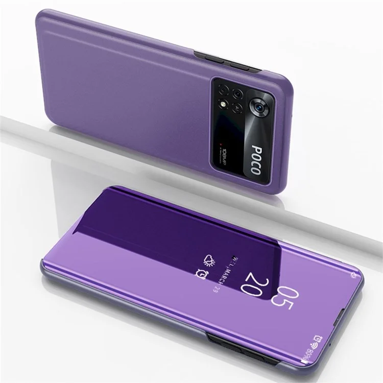 Für Xiaomi Poco M4 Pro 4G Spiegeldesign Smart View Window Screen Display Case PU-Leder Elektroplattierung Ständer Anti-Fall Schutzklappenabdeckung - Violett Blau