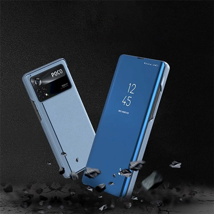 Für Xiaomi Poco M4 Pro 4G Spiegeldesign Smart View Window Screen Display Case PU-Leder Elektroplattierung Ständer Anti-Fall Schutzklappenabdeckung - Violett Blau