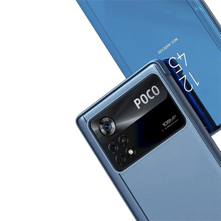 Für Xiaomi Poco M4 Pro 4G Spiegeldesign Smart View Window Screen Display Case PU-Leder Elektroplattierung Ständer Anti-Fall Schutzklappenabdeckung - Violett Blau