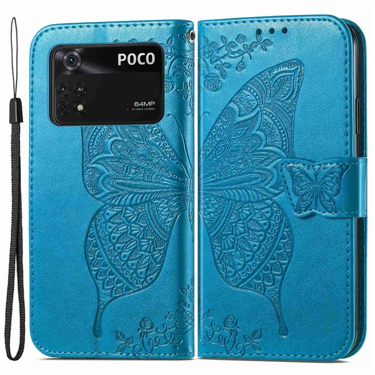 Per Xiaomi Poco M4 Pro 4G Butterfly Imprinted Leather Case Full Protection Foldable Stand Wallet Phone Cover with Strap - Blu