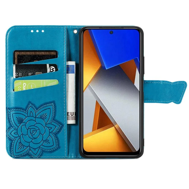 Per Xiaomi Poco M4 Pro 4G Butterfly Imprinted Leather Case Full Protection Foldable Stand Wallet Phone Cover with Strap - Blu