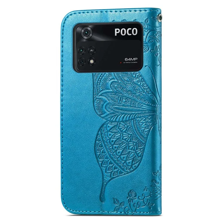 Per Xiaomi Poco M4 Pro 4G Butterfly Imprinted Leather Case Full Protection Foldable Stand Wallet Phone Cover with Strap - Blu