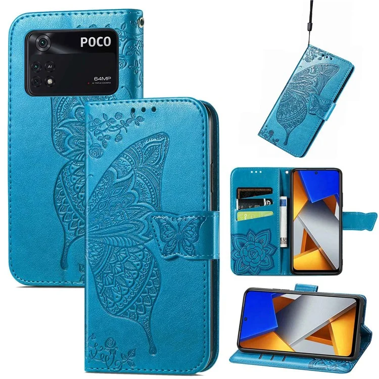 Per Xiaomi Poco M4 Pro 4G Butterfly Imprinted Leather Case Full Protection Foldable Stand Wallet Phone Cover with Strap - Blu