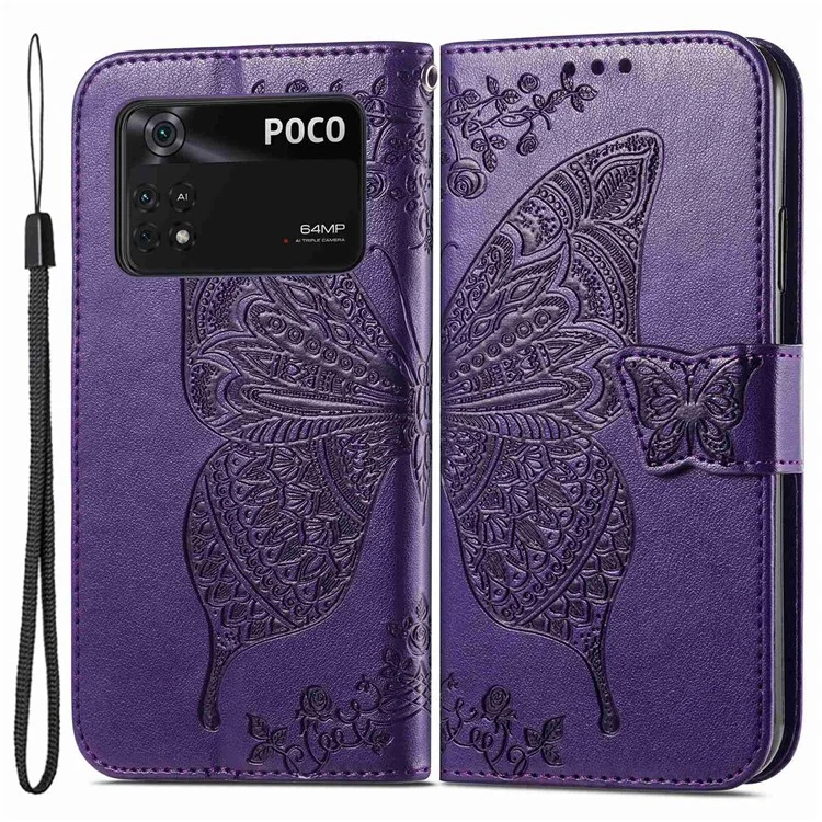 Para Xiaomi Poco M4 Pro 4G Funda de Cuero con Mariposa Impresa Protección Total Plegable Soporte Billetera Funda de Teléfono con Correa - Púrpura