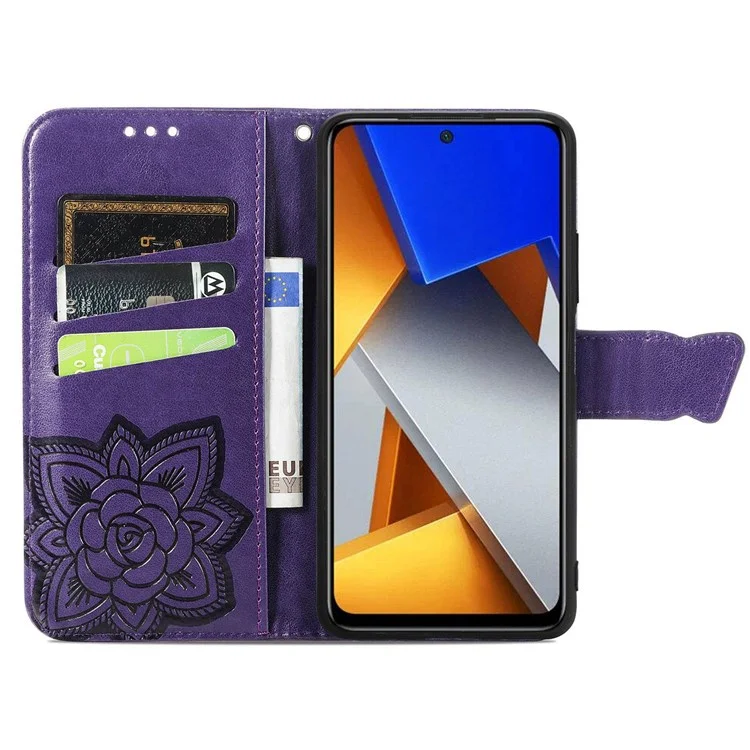 Para Xiaomi Poco M4 Pro 4G Funda de Cuero con Mariposa Impresa Protección Total Plegable Soporte Billetera Funda de Teléfono con Correa - Púrpura