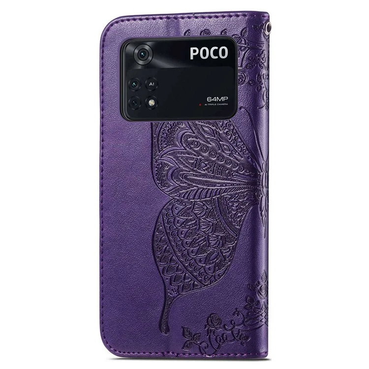 Para Xiaomi Poco M4 Pro 4G Funda de Cuero con Mariposa Impresa Protección Total Plegable Soporte Billetera Funda de Teléfono con Correa - Púrpura