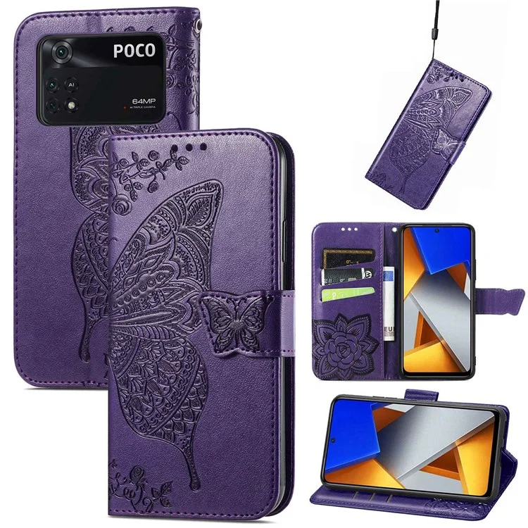 Para Xiaomi Poco M4 Pro 4G Funda de Cuero con Mariposa Impresa Protección Total Plegable Soporte Billetera Funda de Teléfono con Correa - Púrpura