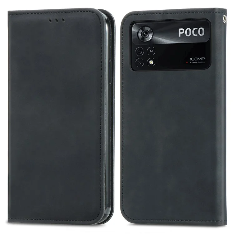 Pour Xiaomi Poco X4 Pro 5G Coque de protection en cuir PU anti-choc Anti-rayures Absorption automatique Design support rétro Peau Toucher cuir Étui de téléphone avec fentes pour cartes - Noir