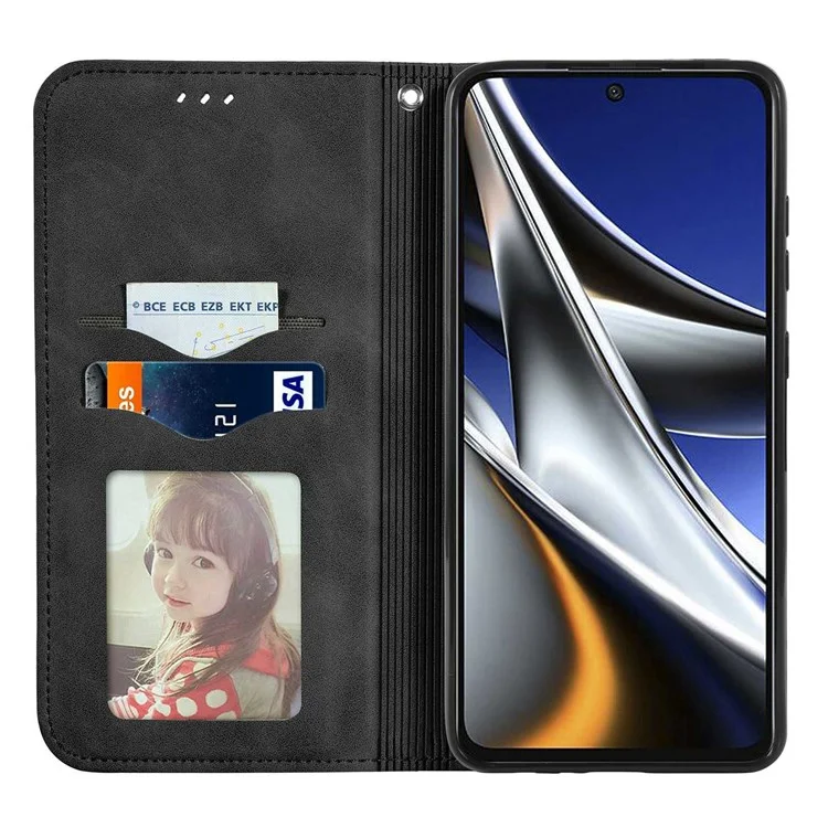 Pour Xiaomi Poco X4 Pro 5G Coque de protection en cuir PU anti-choc Anti-rayures Absorption automatique Design support rétro Peau Toucher cuir Étui de téléphone avec fentes pour cartes - Noir