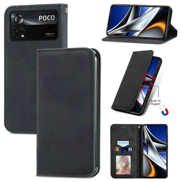 Pour Xiaomi Poco X4 Pro 5G Coque de protection en cuir PU anti-choc Anti-rayures Absorption automatique Design support rétro Peau Toucher cuir Étui de téléphone avec fentes pour cartes - Noir