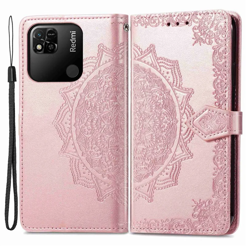 Cubierta de Cuero de Stand de Billetera Para Xiaomi Redmi 10A, Mandala Patrón en Estampado de Fragmentos Con Correa Con Correa - Oro Rosa