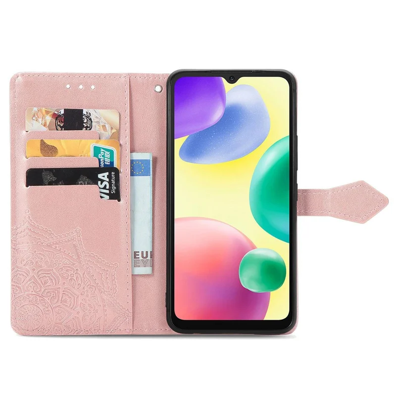 Cubierta de Cuero de Stand de Billetera Para Xiaomi Redmi 10A, Mandala Patrón en Estampado de Fragmentos Con Correa Con Correa - Oro Rosa