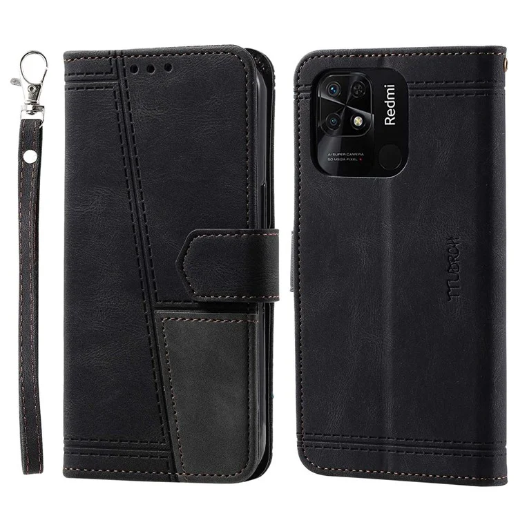 TTUDRCH Style 004 Splicing Leather Phone Case für Xiaomi Redmi 10C, Stand Wallet RFID Blocking Cell Phone Cover - Schwarz