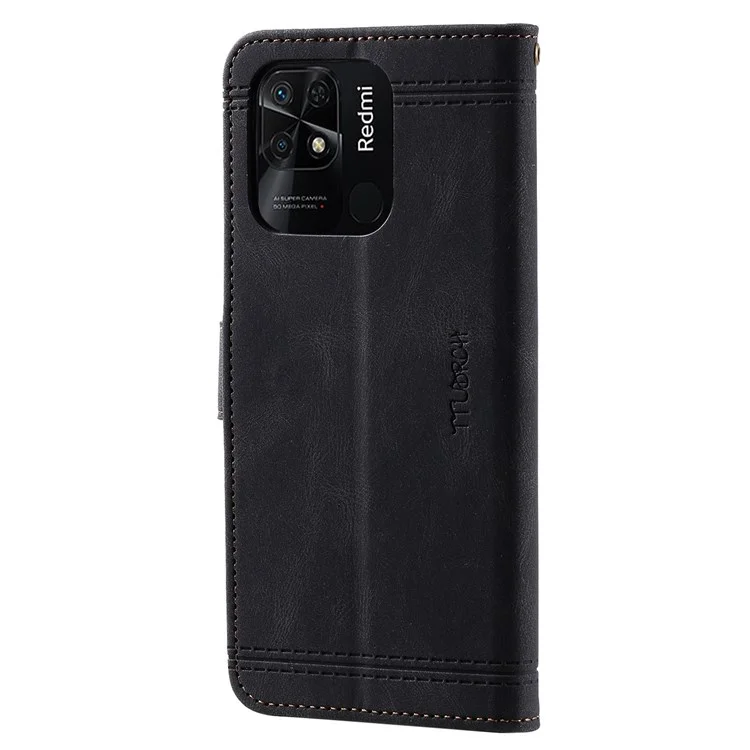 TTUDRCH Style 004 Splicing Leather Phone Case für Xiaomi Redmi 10C, Stand Wallet RFID Blocking Cell Phone Cover - Schwarz