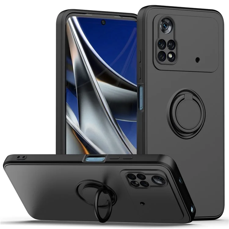 Schutzhülle für Xiaomi Poco M4 Pro 4G Ring Kickstand TPU-Abdeckung Stoßfest Gummiertes Handyhülle - Schwarz